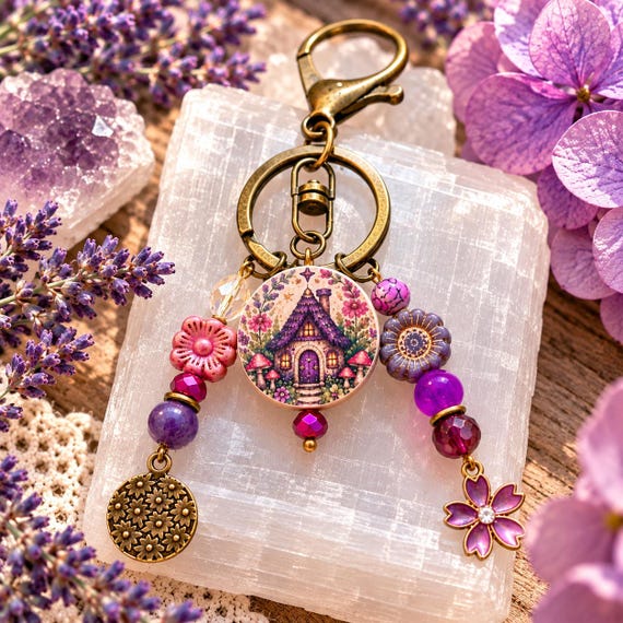 Lavender Fairy Cottage Enchantment Purse Charm | Purple Jade Sugilite Keychain | Cottagecore Fairy Garden Bag Charm | Whimsical Gift