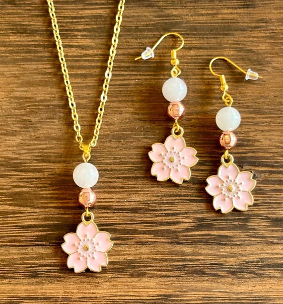 Gemstone Necklace / Earrings - Rose Gold Hematite / Rose Quartz Crystal Healing, Pink Cherry Blossom