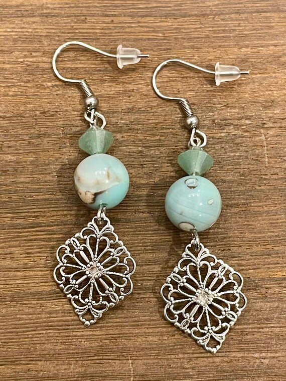 Gemstone Earrings - Agate / Green Aventurine Crystal Healing, Filigree Jewelry