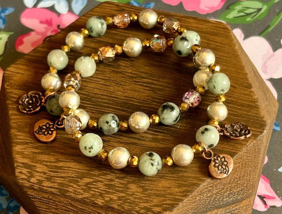 Kiwi Jasper & Gold Hematite Bracelet – Antique Copper Charms