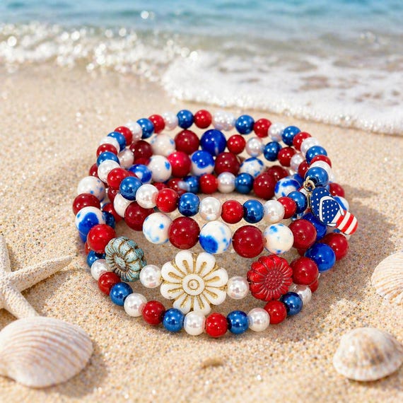 Patriotic Gemstone Wrap Bracelet - Red White & Blue Jewelry, Summer Charm Bracelet, Ice Cream and Flip Flop Charms,  Beaded Wrap Bracelet