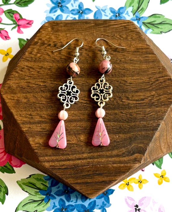 Rose Ember Reverie Earrings – Rhodonite & Czech Glass, Silver Filigree, Hypoallergenic, 3 Inch Drop