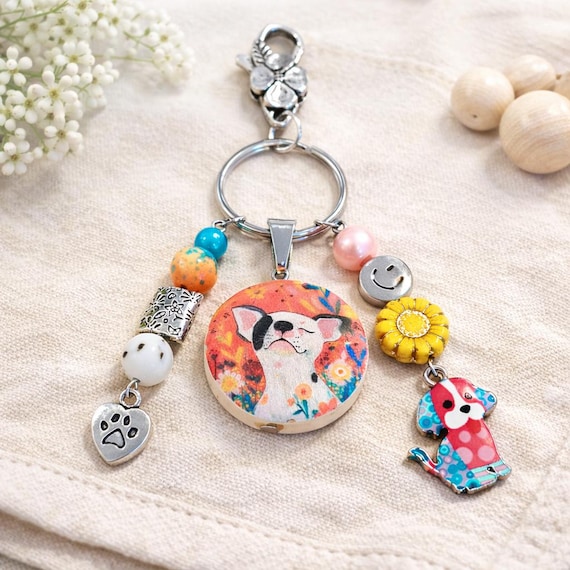 Wooden Dog Charm Keychain – Jade, Jasper, Sunflower Beads – Joyful Garden Pup Accessory