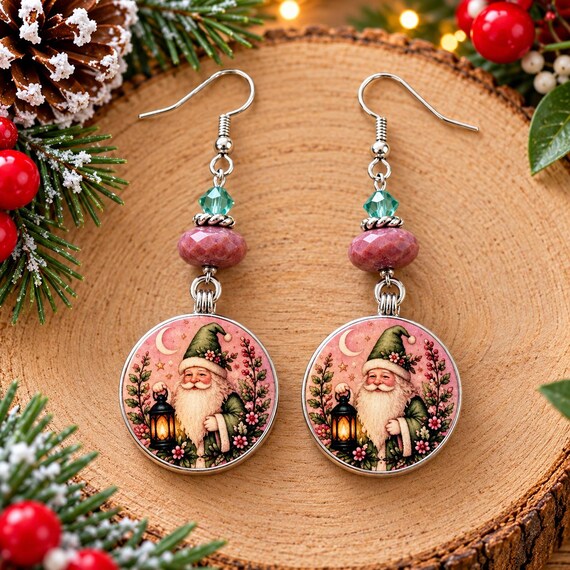 Santa’s Rhodonite Rose Gemstone Earrings, Vintage Christmas Santa Dangle Earrings, Handmade Holiday Jewelry, Pink & Green Christmas Gift