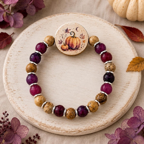 Moonlit Pumpkin Garden Bracelet, Sugilite and Petrified Wood Gemstone Jewelry, Artisan Pumpkin Focal, Fall Harvest Gift