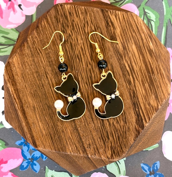 Black Onyx Cat Earrings – Moonlit Kitty Charm, Hypoallergenic