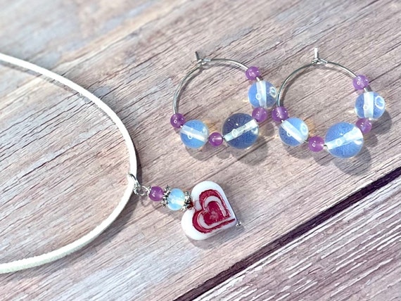 Gemstone Necklace / Earrings - Chalcedony / Opalite Crystal Healing, Heart Jewelry