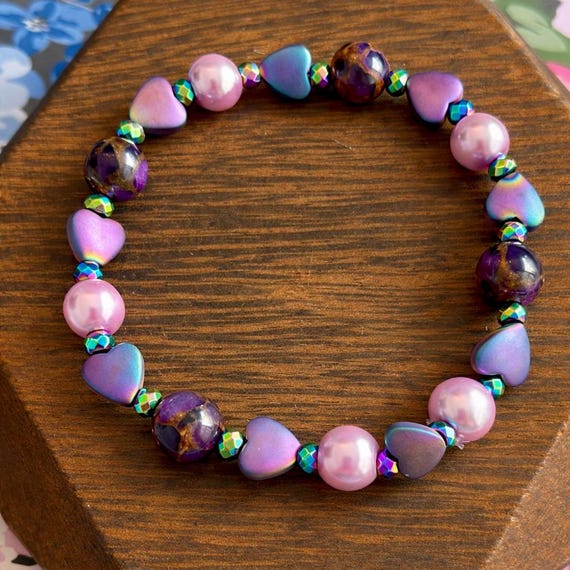 Violet Aura Heart Bracelet | Rainbow Hematite, Purple Mosaic Quartz