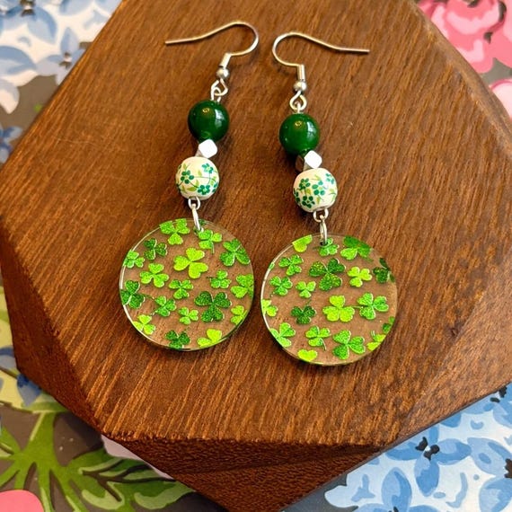 Lucky Clover Drop Earrings • Jade, Hematite & Floral Beads