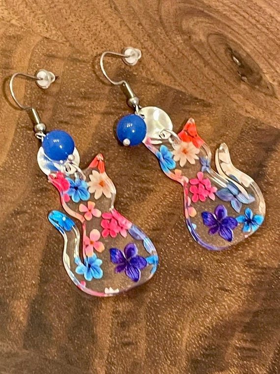 Gemstone Earrings - Hematite / Chalcedony Crystal Healing, Floral Cat Earrings