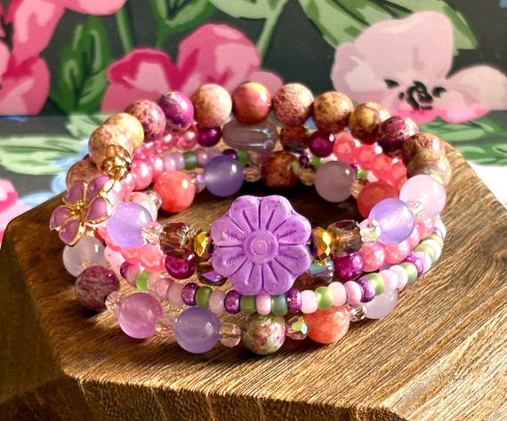 Sun-Kissed Petals Wrap Bracelet – Galaxy Jasper, Jade and Hematite – Purple Flower and Flip-Flop Charms – Summer Gemstone Coil Bracelet