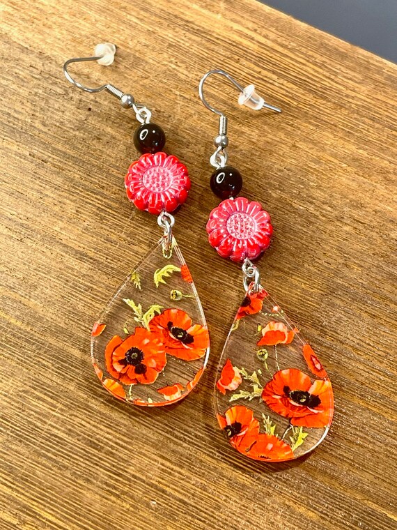 Gemstone Earrings - Black Obsidian Crystal Healing, Red Poppy Jewelry
