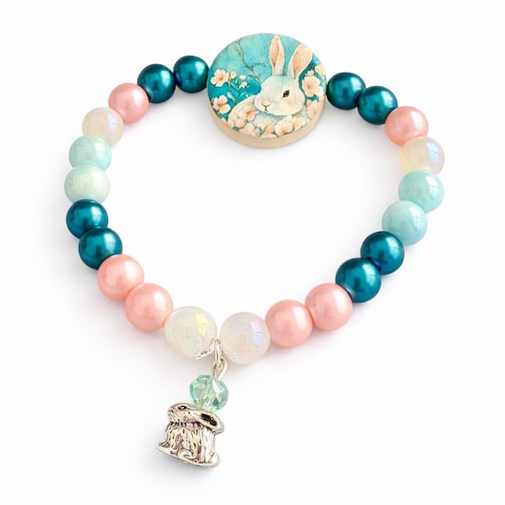 Blossom Bunny Bracelet | Rose Quartz, Mint Crystal, Wood Focal | Spring Easter Jewelry