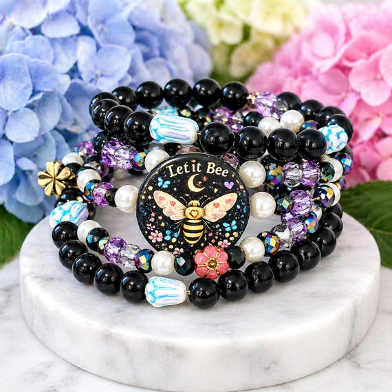 Let It Bee Enchanted Wrap Bracelet, Bee Charm Gemstone Bracelet, Czech Glass Tulips, Pearl & Crystal Coil Wrap Bracelet, Whimsical Spiritual