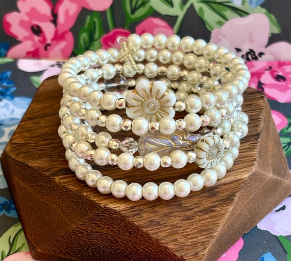 Glass Pearl Angel Wrap Bracelet: Czech Glass Daisy & Sunflower - Reiki-Infused