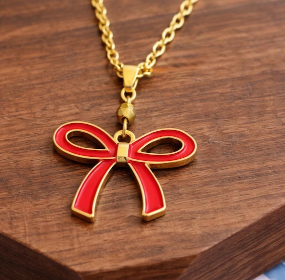 Red Enamel Bow Necklace – Gold Hematite, Hypoallergenic Chain