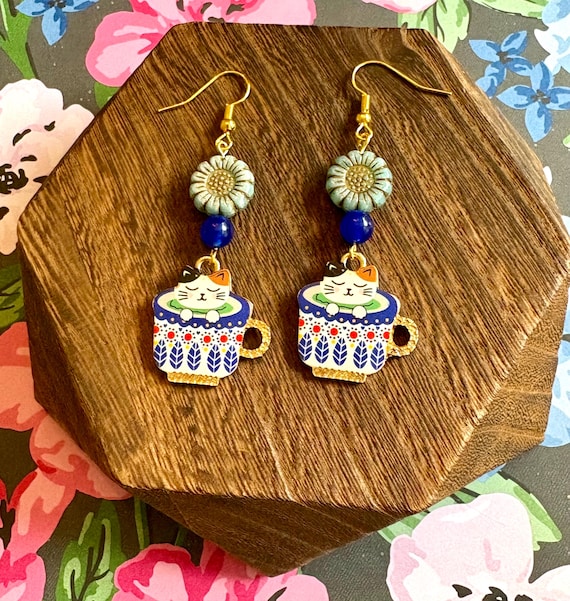 Tea Time Whisker Bliss Earrings – Blue Jade and Sunflower Czech Glass – Calming Energy – Hypoallergenic Gold – 2.5” Handmade Cat Jewelry