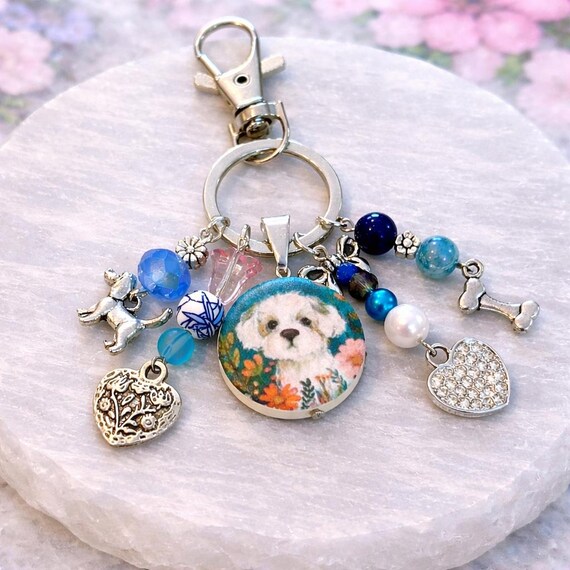 Blue Puppy Love Charm Keychain, Dog Lover Gift, Lapis Lazuli Gemstone Purse Charm, Enchanted Floral Keychain, Pet Mom Gift, Blue Aesthetic