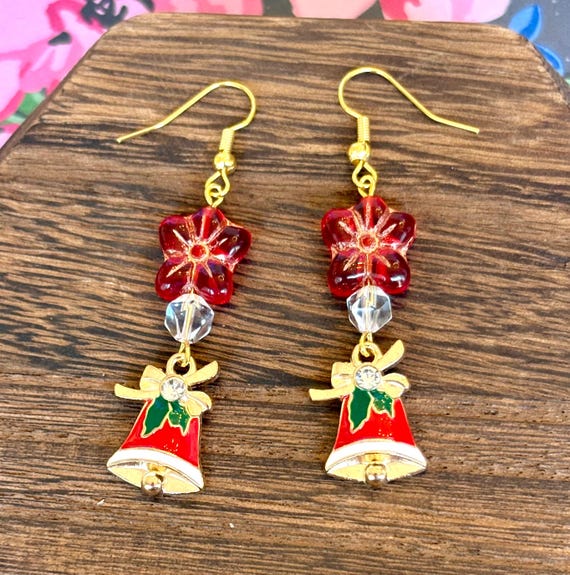 Czech Glass Flower Christmas Bell Earrings: Red Quartz, Handmade