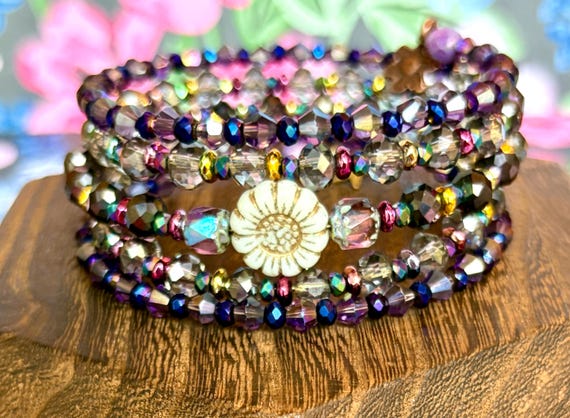 Rainbow Hematite Bracelet: Czech Glass Flower, Boho Galaxy Wrap