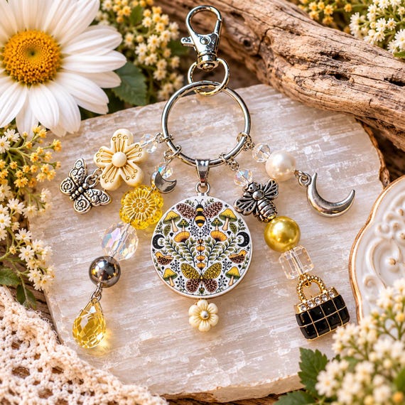 Moonlit Honey Garden Purse Charm Keychain | Silver Hematite Pearl | Bee Butterfly Mushroom Bag Charm | Celestial Garden Gift