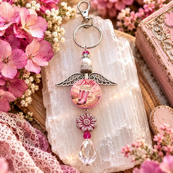 Dolly Inspired Purse Charm Keychain, Clear Quartz Gemstone, Pink Sparkle Bag Charm, Angel Wings, Country Music Gift for Her