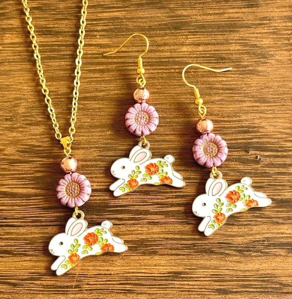 Gemstone Necklace / Earrings - Rose Gold Hematite Crystal Healing, Flower Patch Rabbit