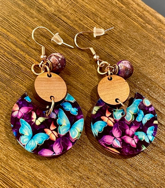 Gemstone Earrings - Purple Sea Sediment Imperial Jasper Crystal Healing, Butterfly Earrings