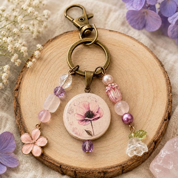 Whispering Wildflower Enchantment Purse Charm | Floral Keychain - Mystic Aura Quartz & Pink Jade Charm, Cottagecore Bag Charm, Handmade