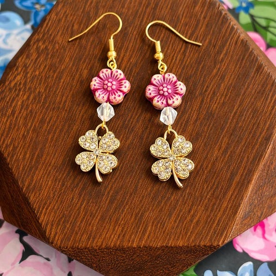 Shamrock Dangle Earrings – Rose Quartz, Czech Glass, Gold Clover