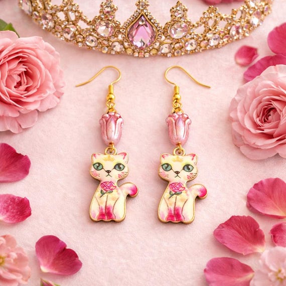 Enchanted Rose Court Cat Earrings | Pink Czech Glass Tulip, Gold Hematite, Hypoallergenic Steel