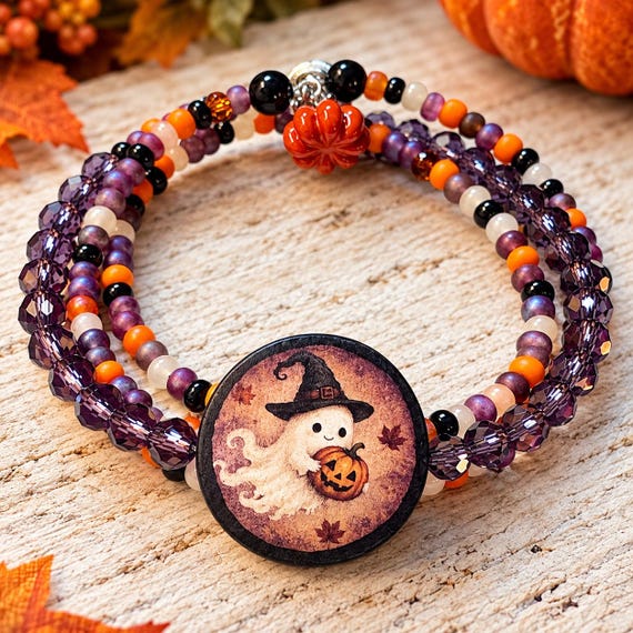 Whisperbloom’s Haunted Harvest Mini Wrap Bracelet, Black Onyx Halloween Jewelry, Ghost Witch Bracelet, Pumpkin Charm, 3 Coil Wrap