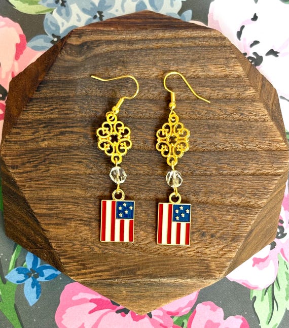 Star-Spangled Quartz Dangle Earrings – Clear Quartz & Vintage Flag Charms – 2.5” Gold Drop Earrings – Hypoallergenic 316L Stainless Steel