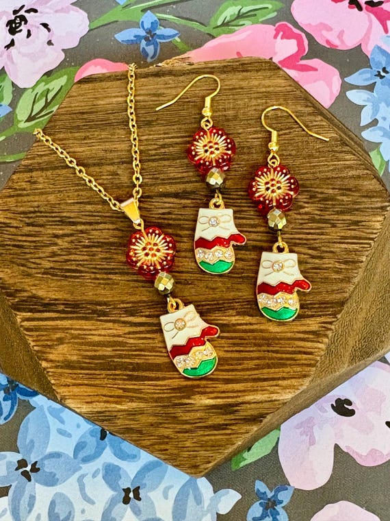 Mitten Jewelry Set: Gold Holiday Necklace & Earrings with Czech Glass