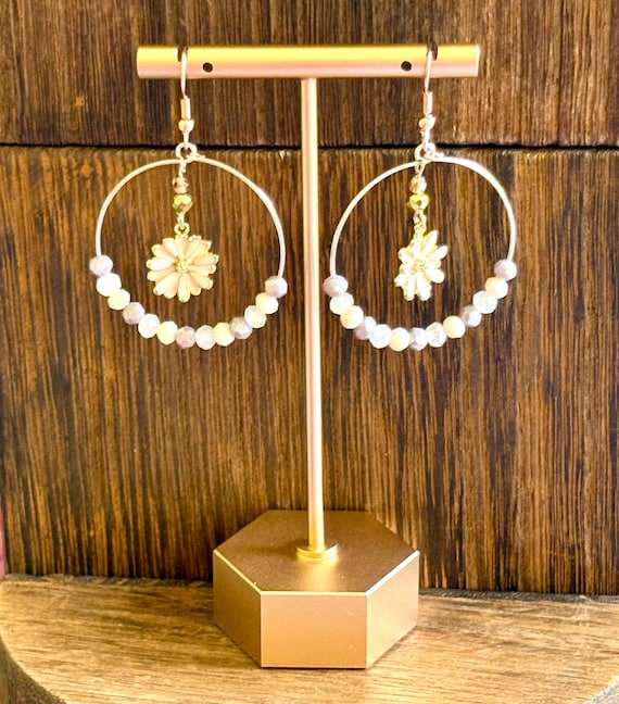 Golden Petal Glow Hoop Earrings – Pale Pink Beaded Hoops with Gold Hematite & Floral Charms | 2.25” Rose Gold Tone | Handmade Spring Jewelry
