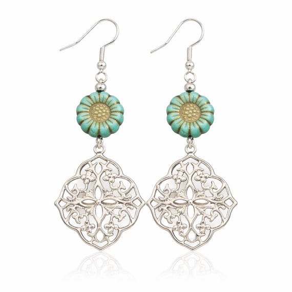 Silver Filigree Dangle Earrings – Czech Glass Sunflower, Hematite