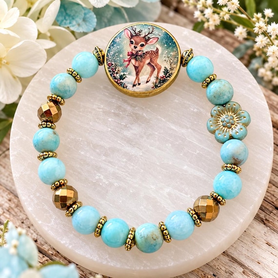 Winter Fawn's Enchanted Forest Bracelet | Terra Agate, Blue Green Jade & Gold Hematite | Woodland Deer Christmas Jewelry | Handmade Gift