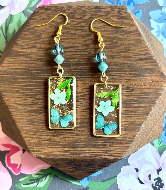 Fluttering Paradise Earrings – Apatite and Czech Glass with Butterfly and Dried Flower Resin Pendants – Gold Hypoallergenic Hooks – 3”