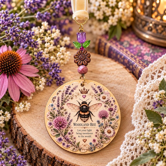 Woodland Bee & Wildflower Wishes Ornament | Handmade Bee Decor | Rhodonite Gemstone | Cottagecore Floral Gift | Enchanted Woodland Hanging