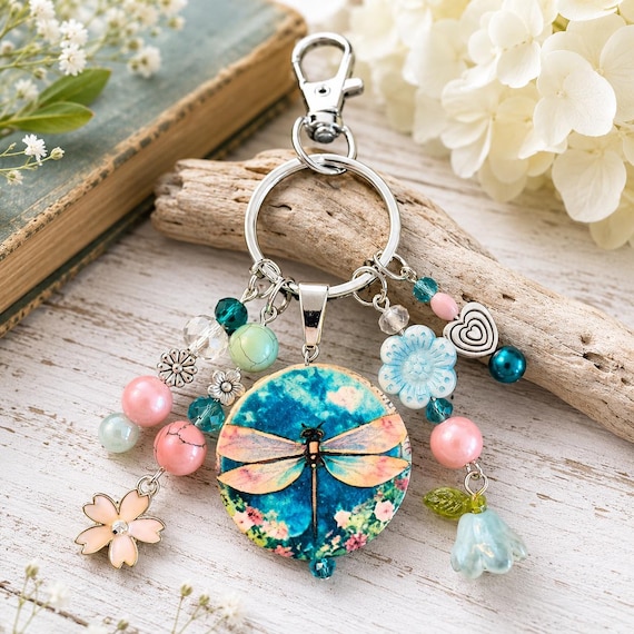 Dragonfly Garden Reverie Purse Charm Keychain - Handmade Double-Sided Dragonfly & Floral Wood Bead, Pink Matrix Turquoise, Terra Agate