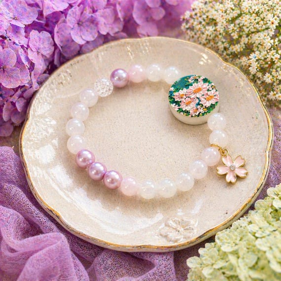 Blush Garden Enchanted Bracelet | Rose Quartz & Kunzite Gemstones | Floral Charm Bracelet | Feminine Healing Jewelry | Handmade Boho Gift