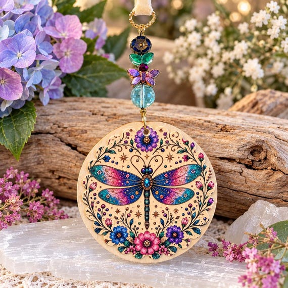 Enchanted Dragonfly Gemstone Hanging Ornament | Aquamarine Quartz, Czech Glass Butterfly & Flowers | Handmade Floral Home Decor Gift