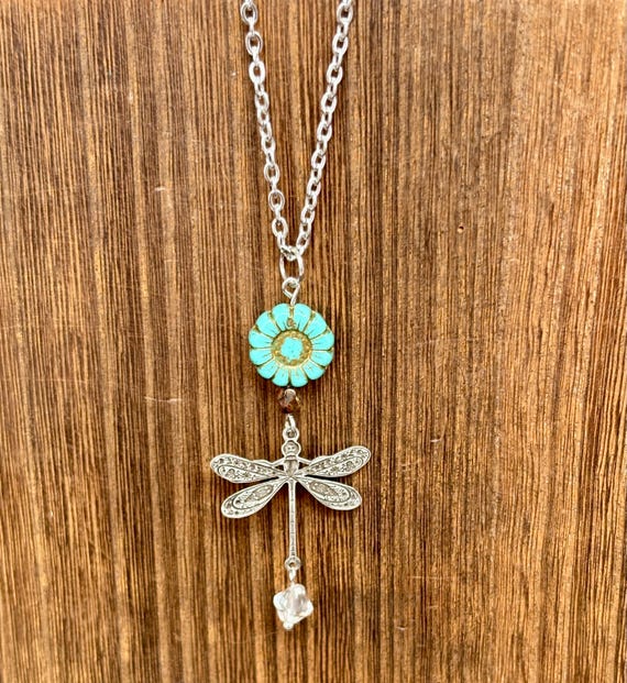 Gemstone Pendant Necklace - Clear Quartz / Hematite Crystal Healing, Whimsical Dragonfly Jewelry, Turquoise Blue