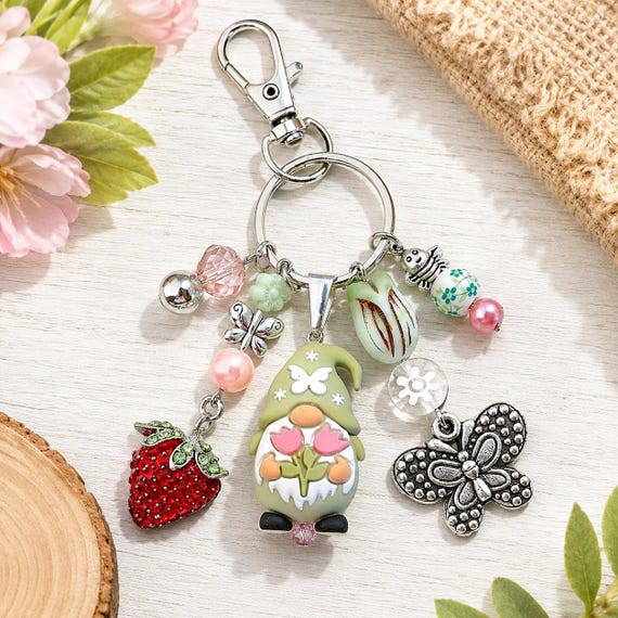 Berry Blossom Gnome Purse Charm Keychain • Strawberry & Butterfly Charm • Floral Gnome Bag Charm • Whimsical Cottagecore Keychain Gift