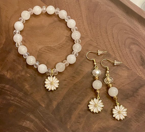 Gemstone Bracelet / Earrings - Hematite / White Jade Crystal Healing, Daisy Flower Jewelry