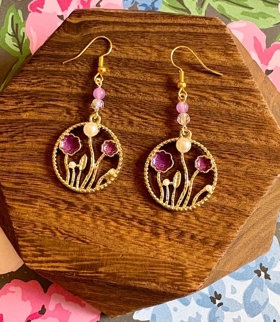 Floral Dangle Earrings | Chalcedony, Pink Crystal & Gold