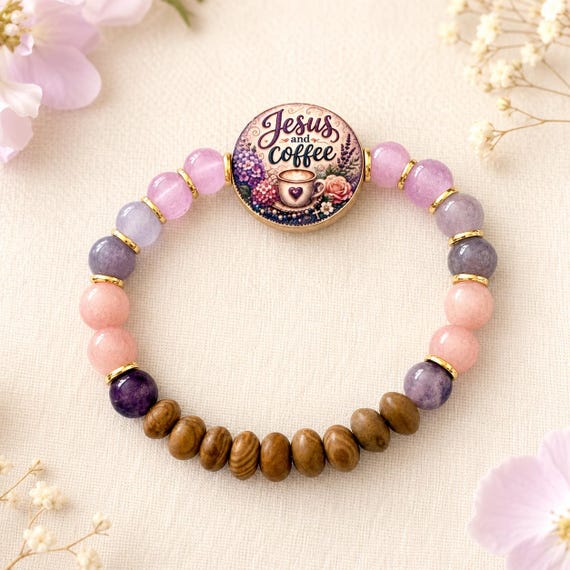 Jesus and Coffee Bracelet, Jade Amethyst Lepidolite Petrified Wood Jewelry, Christian Gift, Artisan Bead Faith Bracelet