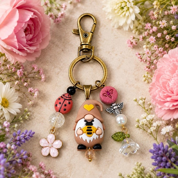 Bee Garden Gnome Enchanted Charm Keychain | Reiki Infused Fairy Garden Purse Charm | Ladybug & Bee Woodland Whimsy Accessory