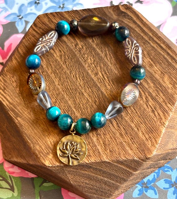 Tiger's Eye & Czech Glass Bracelet: Bronze Lotus Charm, Spiritual Jewelry