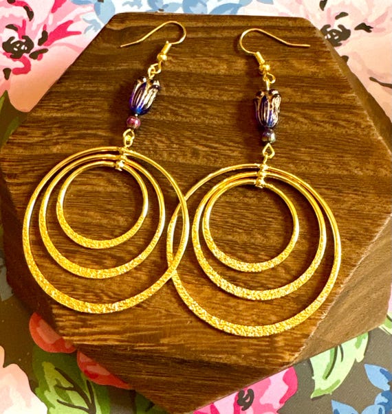 Czech Glass Tulip Earrings: Rainbow Hematite & Gold Hoops